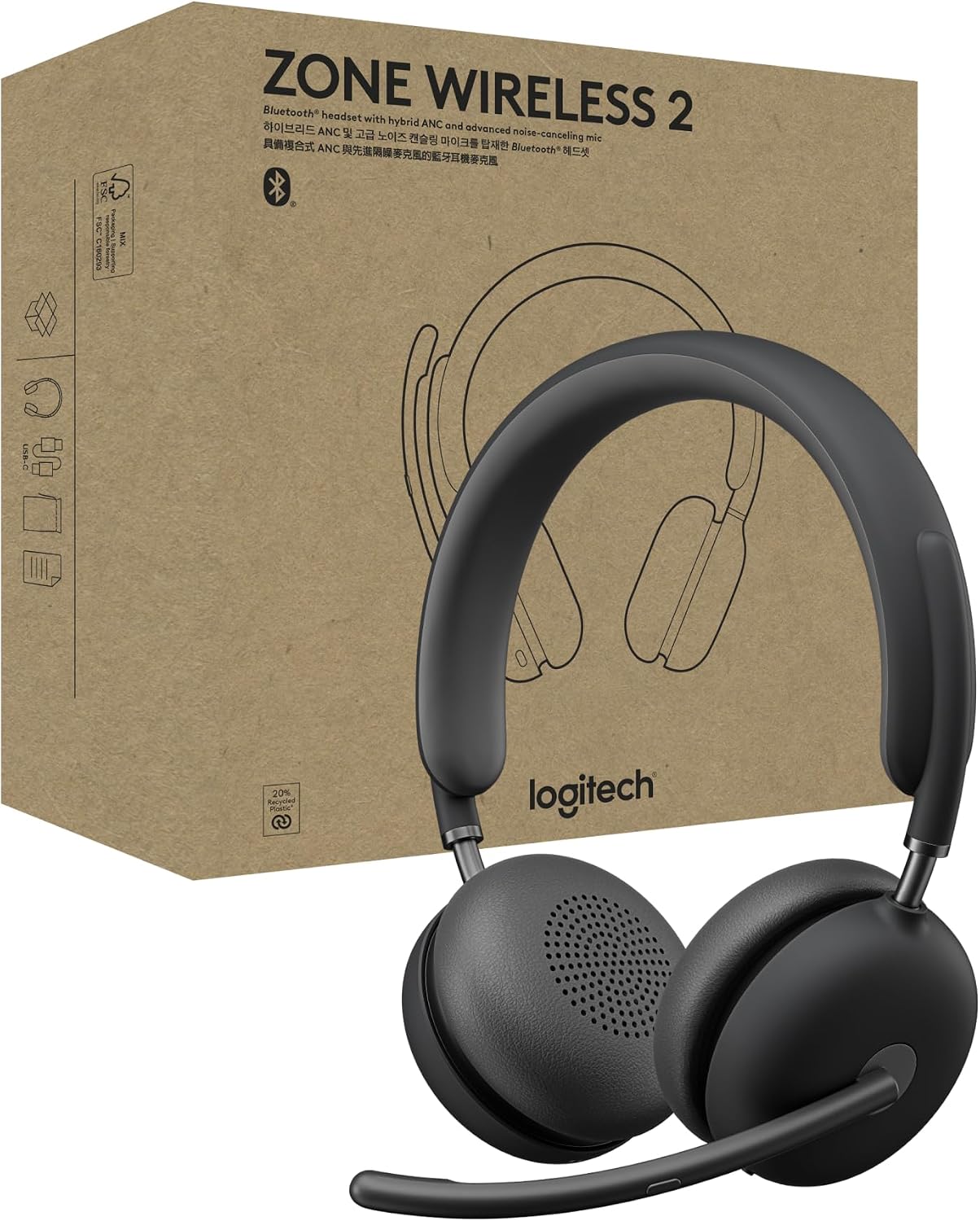Logitech Zone Wireless 2 Premium Noise Canceling Headset with Hybrid ANC, Certified for Microsoft Teams Over Native Bluetooth and Fast Pair, Engineered for Intel Evo laptops, Graphite