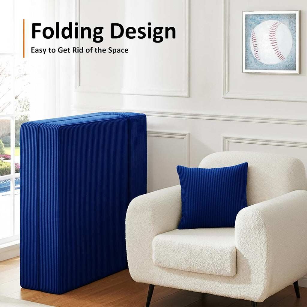 JKMAX Twin Size Folding Sofa Bed - 4 in 1 Convertible Sleeper Chair with Pillow - High Density Memory Foam Futon Couch - Foldable Bed for Living Room Bedroom (Blue)