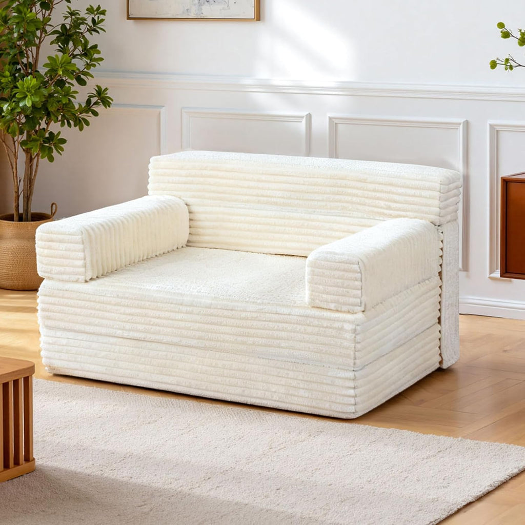 YEPDIN Folding Sofa Bed,Convertible Sofa Bed with Armrest Foldable Sleeper Chair, Portable Folding 4-in-1 Floor Sofa with Convertible Lounge Chair for Living Room,Bedroom,Washable Cover,White Single
