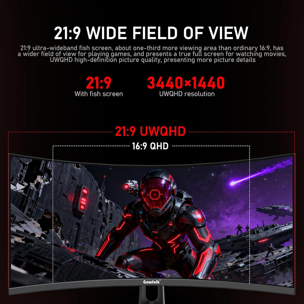 Gawfolk 34 Inch Curved Gaming Monitor, 240Hz Ultrawide PC Monitors Built-in Speakers, UWQHD (3440x1440) 1500R Computer Screen mit FreeSync, HDMI 2.0 & DP 1.4, Wall Mountable