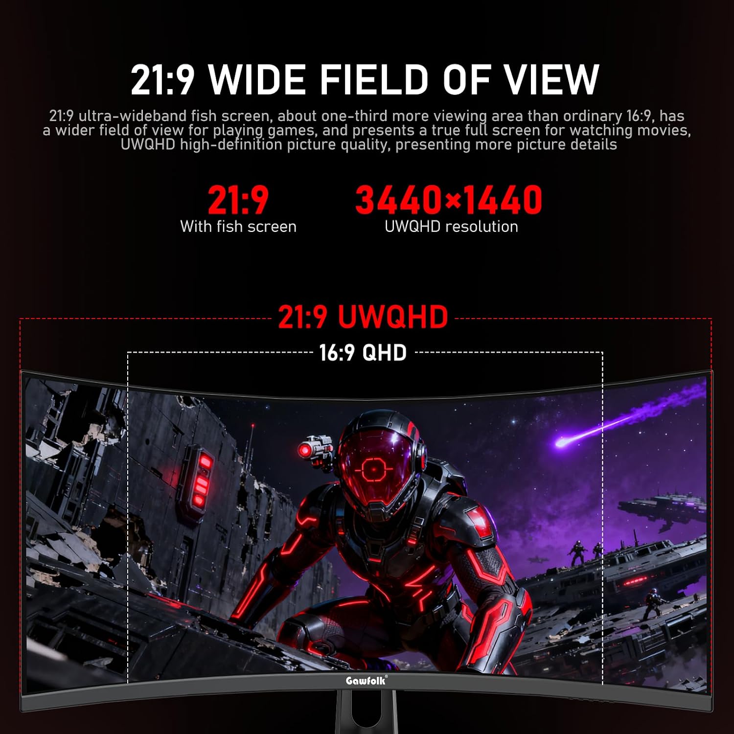 Gawfolk 34 Inch Curved Gaming Monitor, 240Hz Ultrawide PC Monitors Built-in Speakers, UWQHD (3440x1440) 1500R Computer Screen mit FreeSync, HDMI 2.0 & DP 1.4, Wall Mountable