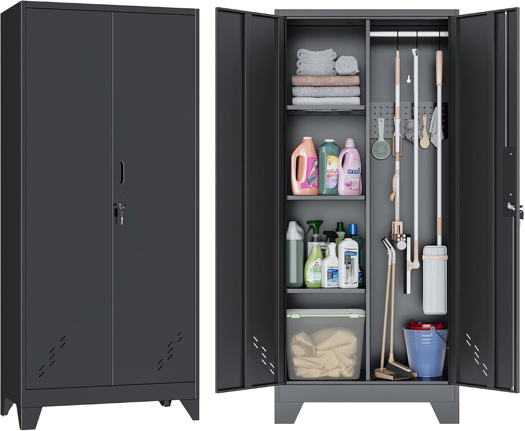 61' Metal Storage Cabinet with Lockable Doors, Cleaning Supply Cabinet with Pegboard and Hanging Rod. Garage Tool Storage Cabinets for Home, Laundry, Office, Home Kitchen Utility Cabinet