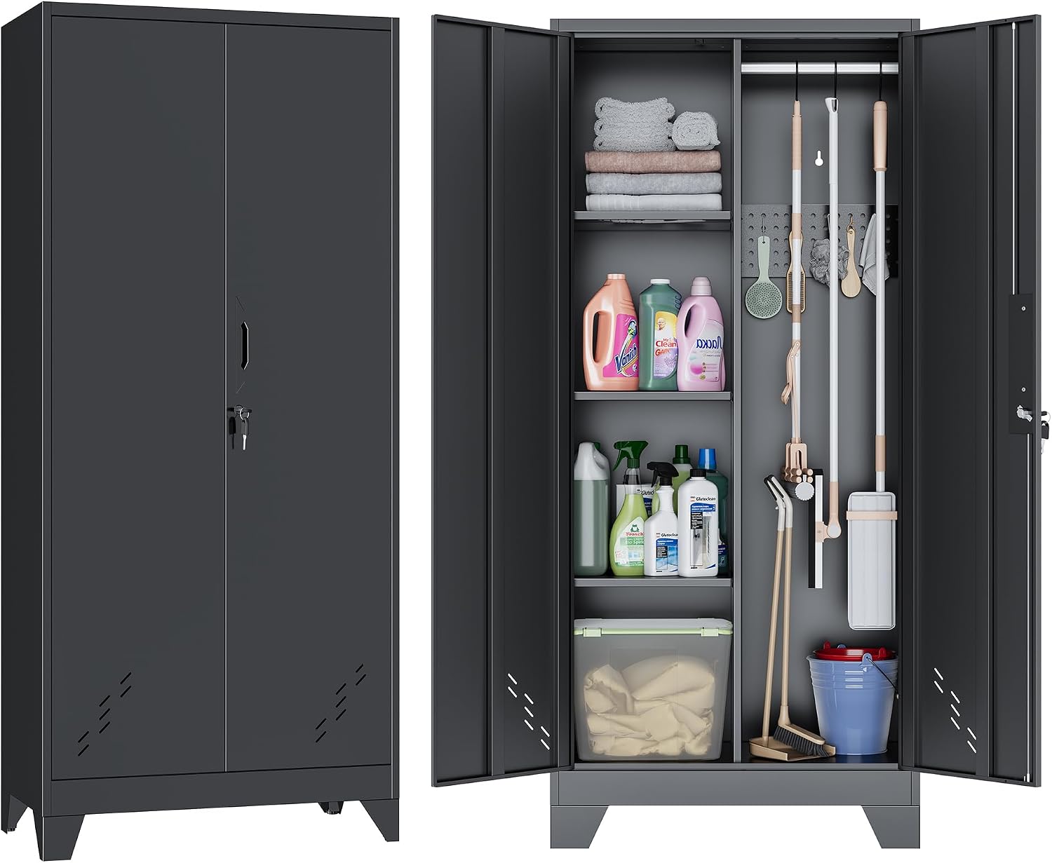 61' Metal Storage Cabinet with Lockable Doors, Cleaning Supply Cabinet with Pegboard and Hanging Rod. Garage Tool Storage Cabinets for Home, Laundry, Office, Home Kitchen Utility Cabinet