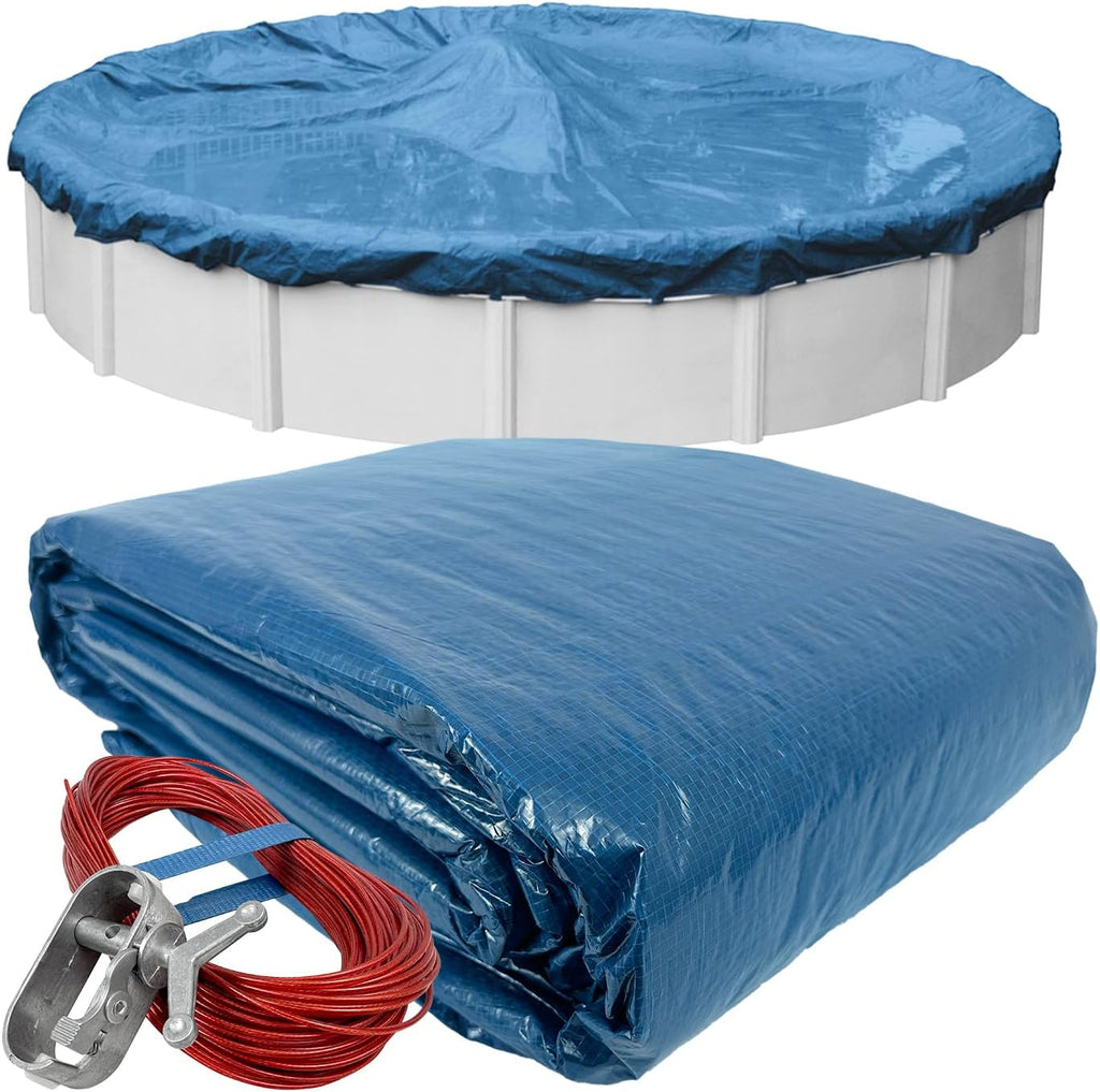 Robelle 28 ft Heavy Duty Blue Winter Pool Cover for Above Ground Pools, 4 ft Overlap (32 ft Cover Size), Solid 8 x 8 Scrim, 2.36 oz/yd2, 10-Year Warranty, Style: 3528-4