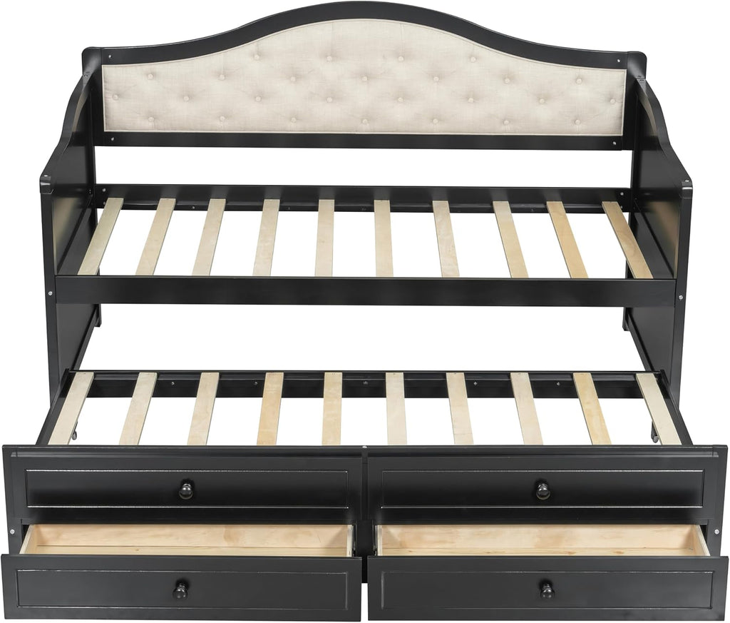 Merax Twin Daybed with Trundle and 2 Storage Drawers, Wooden Sofa Bed Twin Bed Frame with Upholstered Button Tufted Backrest for Living Room, Bedroom, Guest Room (Black)