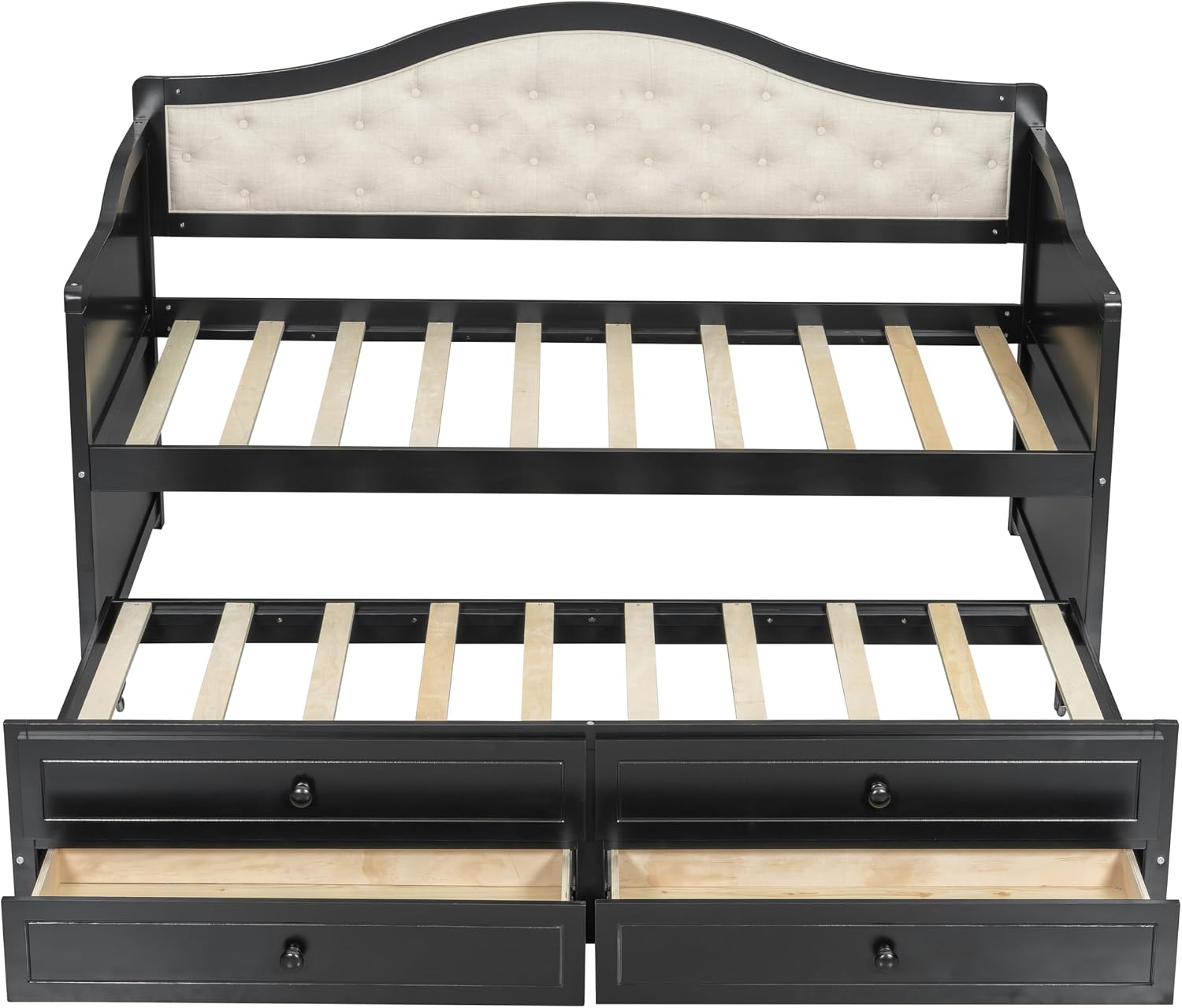 Merax Twin Daybed with Trundle and 2 Storage Drawers, Wooden Sofa Bed Twin Bed Frame with Upholstered Button Tufted Backrest for Living Room, Bedroom, Guest Room (Black)