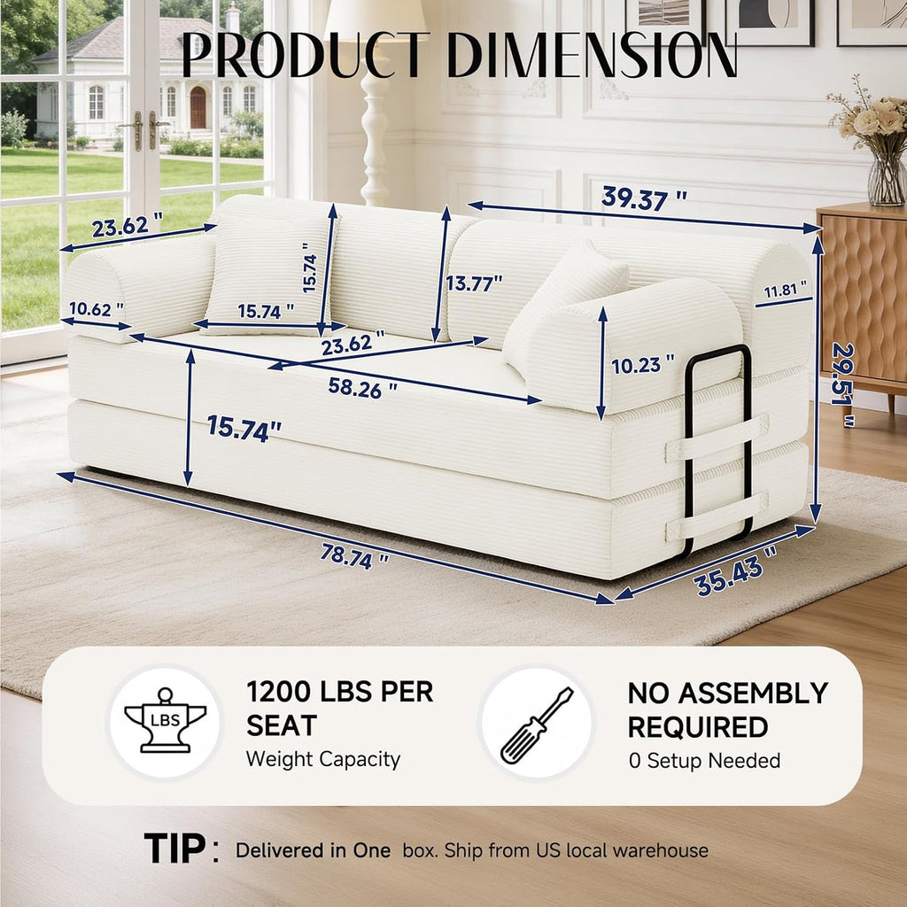 79'' Convertible Sofa Bed, 6 in 1 Folding Floor Futon Couch Sleeper with Fixed Frame, Corduroy Modular Sofa Bed with Removable Armrests & Pillows, No Assembly for Living Room Bedroom (Beige White)