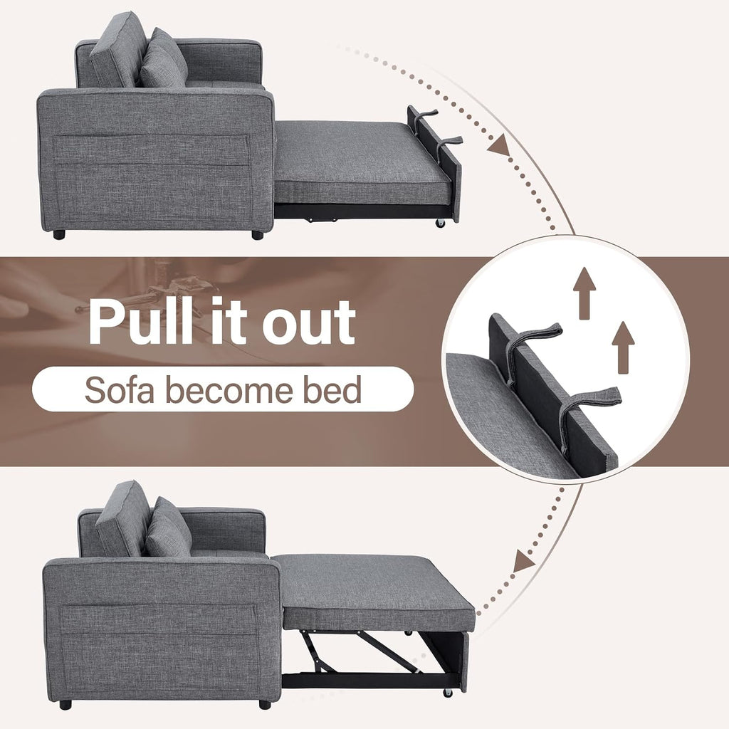 HAOMARKETS 3 in 1 Convertible Sleeper Sofa Bed, Loveseat Chaise Lounge with Pullout Bed, 2-Seater Futon Couches with Storage Pockets, 3-Level Adjustable Backrest and Pillows for Living Room, Grey