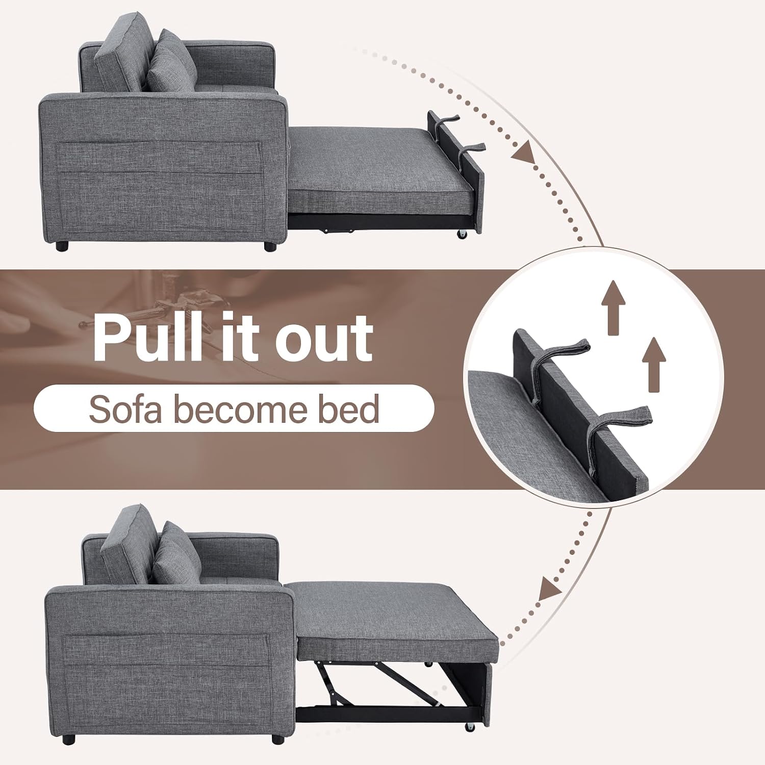 HAOMARKETS 3 in 1 Convertible Sleeper Sofa Bed, Loveseat Chaise Lounge with Pullout Bed, 2-Seater Futon Couches with Storage Pockets, 3-Level Adjustable Backrest and Pillows for Living Room, Grey
