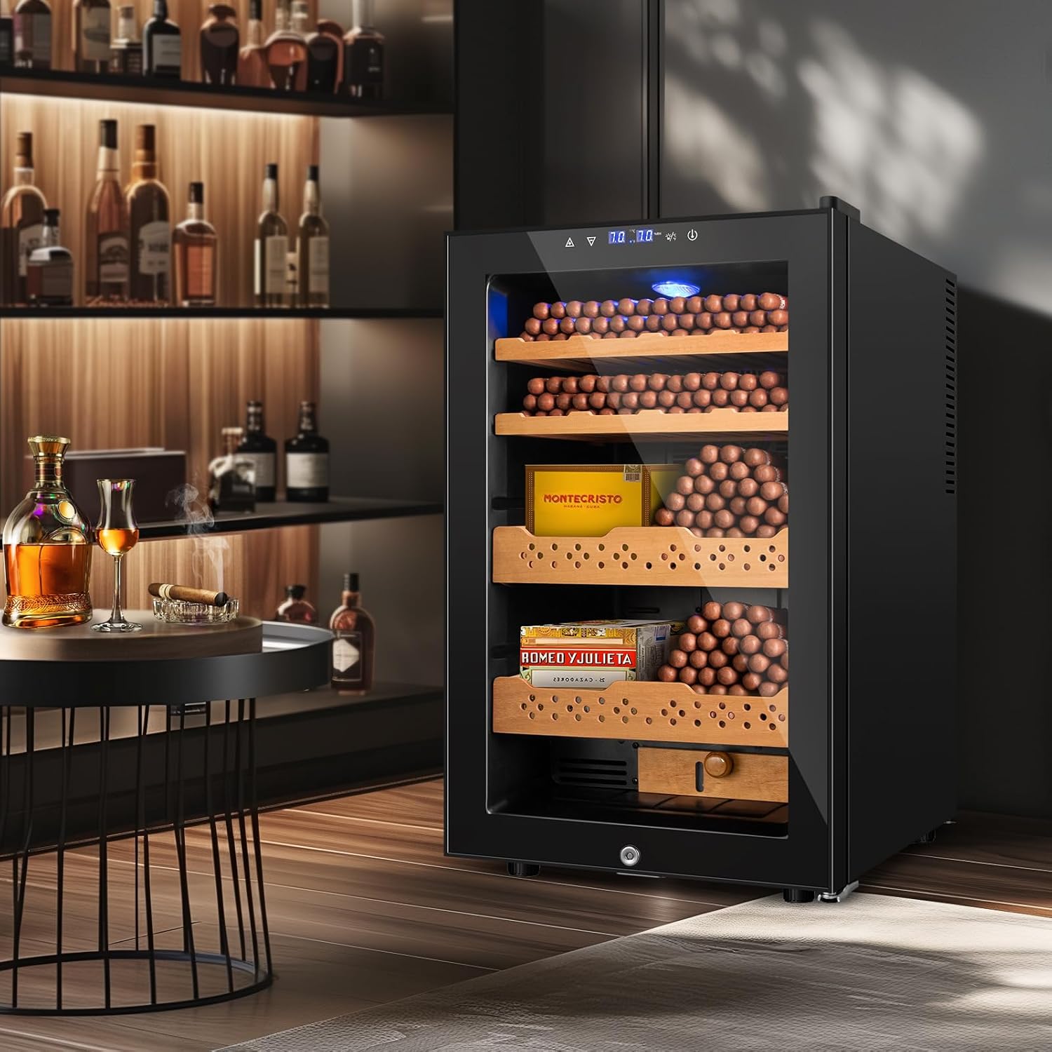 Electric Humidor, 70L 400 Counts Large Capacity,Thermostatic Cooling Humidor Cabinet with Smart Humidity & Temp Control, Spanish Cedar Wood Shelves, Safety Lock