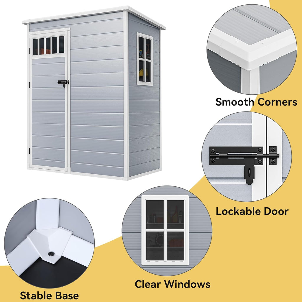 DWVO Outdoor Storage Shed, All-Weather Resin Plastic Storage Shed with Windows, Slanted Roof, Raised Floor, Capacity for Garden Tools & Equipment, Ideal for Backyard & Garden