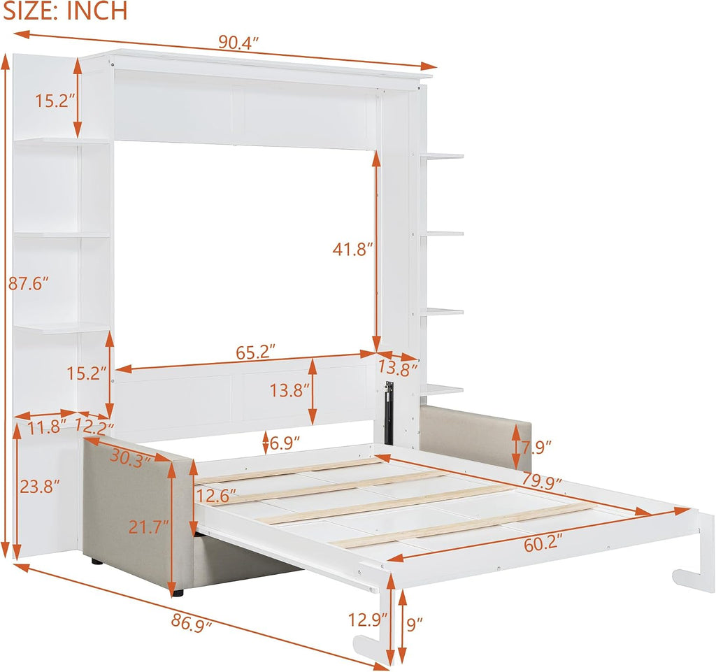 Merax Queen Size Murphy with Sofa and Shelves for Bedroom or Guestroom Wall Bed Space Saving Hidden Bed,No Need Fix to The Wall,Gray