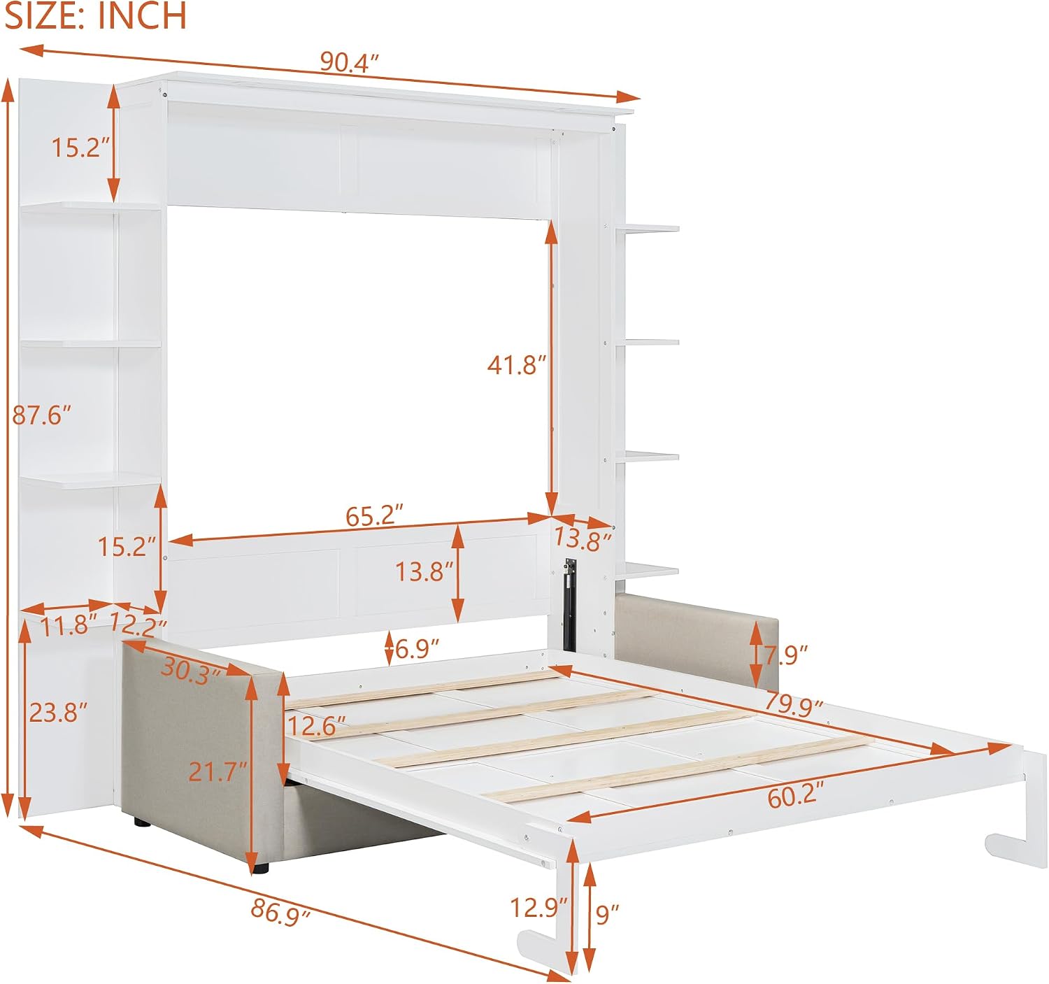 Merax Queen Size Murphy with Sofa and Shelves for Bedroom or Guestroom Wall Bed Space Saving Hidden Bed,No Need Fix to The Wall,Gray