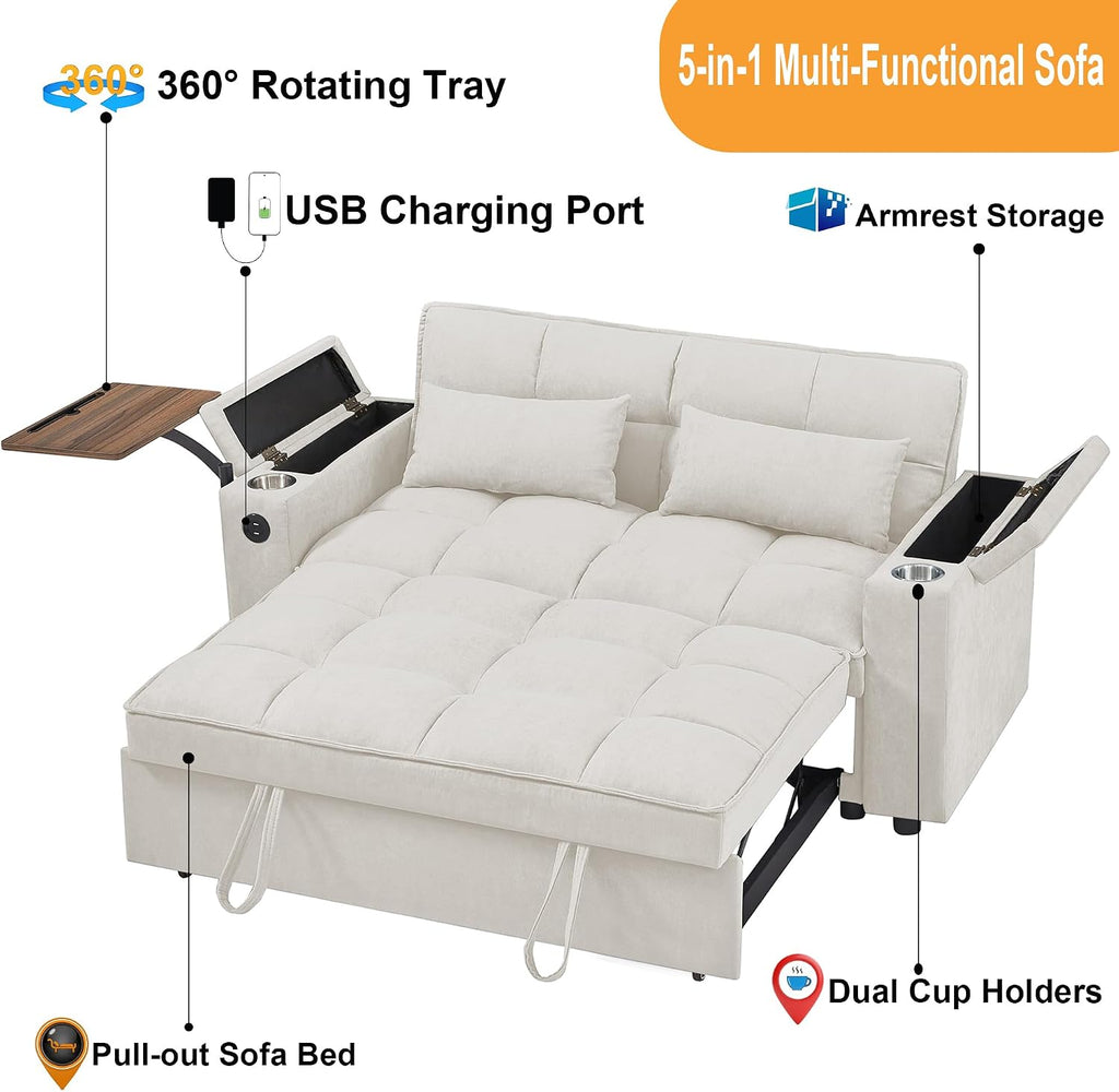 Auvsoce 65'' Convertible Sleeper Sofa Bed with Adjustable Backrest, Chaise Lounge, Side Table & USB/Type-C Ports – Stylish & Functional Addition to Any Living Room (White)