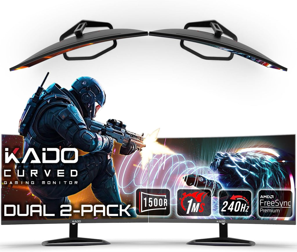 Kado Dual Gaming Monitor Setup - 2-Pack 27' 240Hz 1ms Curved 1500R 1920x1080, AMD FreeSync Premium, Panoramic Gaming Multi-View Split Screen Streaming, VESA Mount HDMI DisplayPort Built-in Speakers