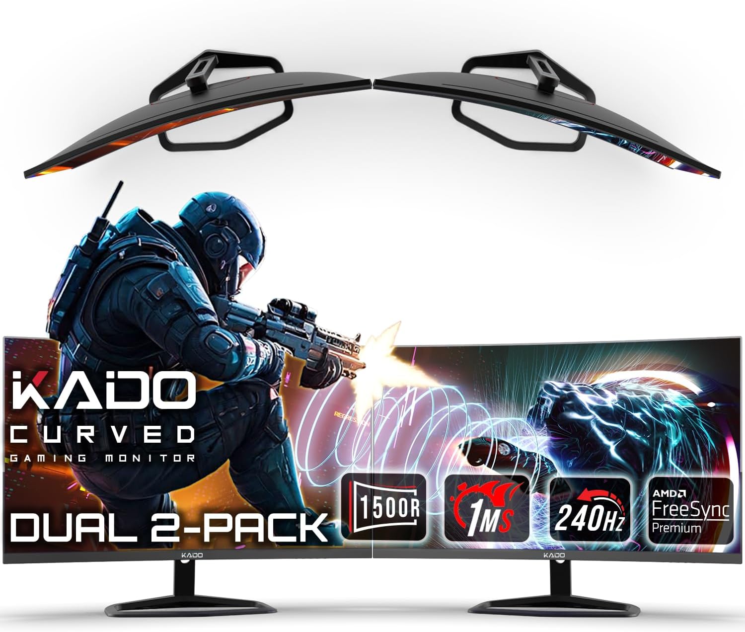 Kado Dual Gaming Monitor Setup - 2-Pack 27' 240Hz 1ms Curved 1500R 1920x1080, AMD FreeSync Premium, Panoramic Gaming Multi-View Split Screen Streaming, VESA Mount HDMI DisplayPort Built-in Speakers