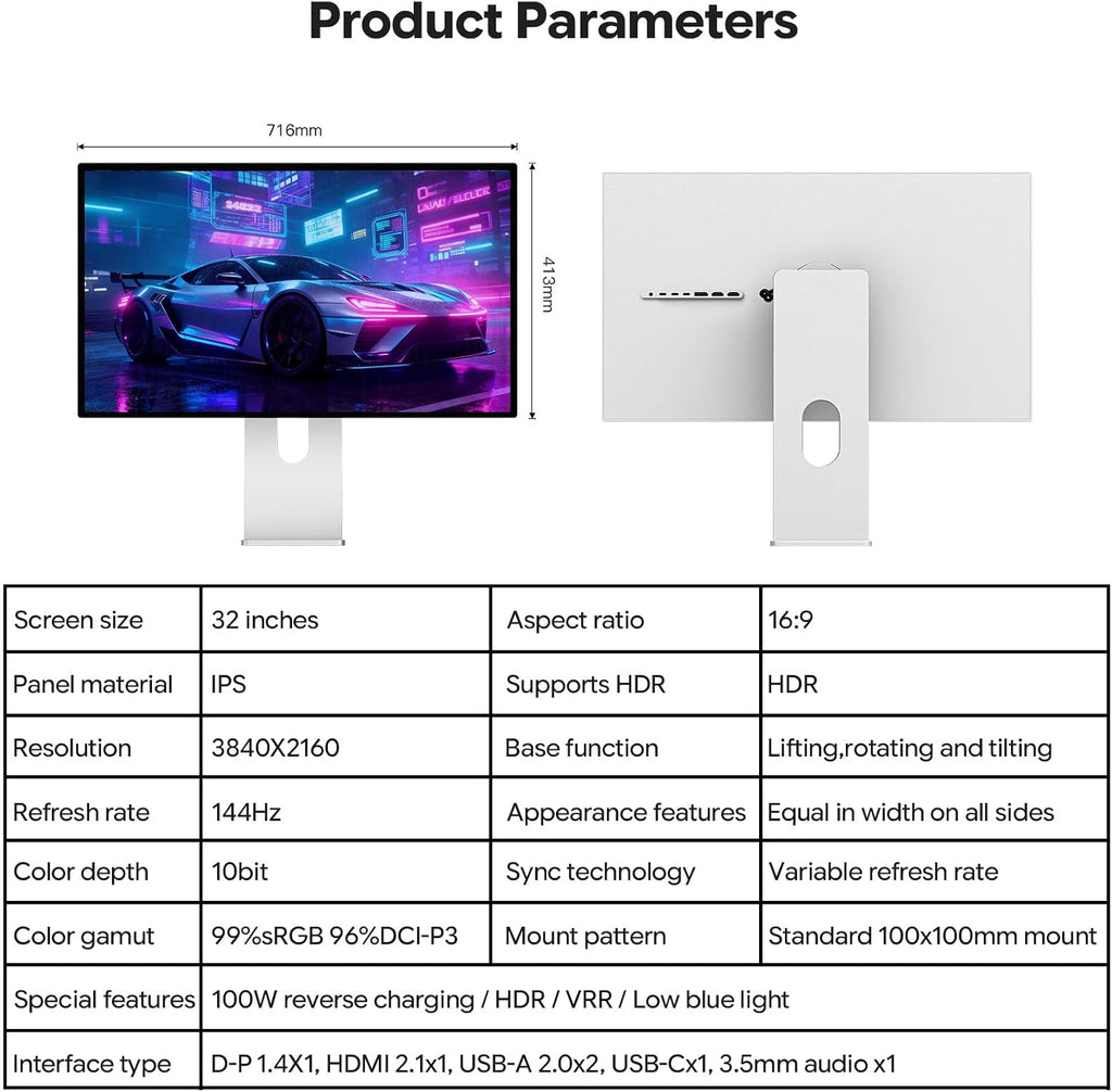 P32K 32'' UHD (3840 x 2160) 4K 144Hz Glossy Monitor, IPS Panel, 10-Bit Color, 99% sRGB, 96% DCI-P3, 5ms, HDR, Low Blue Light, Eye Care (Minimalist - with Stand)