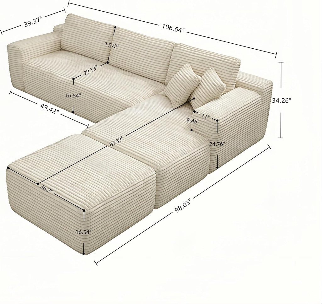 Luxury Cloud Sectional Couch, Modular Boneless Sofa, Corduroy Fabric Memory Foam Sofa in a Box, Modern Deep Seat Oversized Living Room Furniture, No Assembly Double-Layer Soft Cushion
