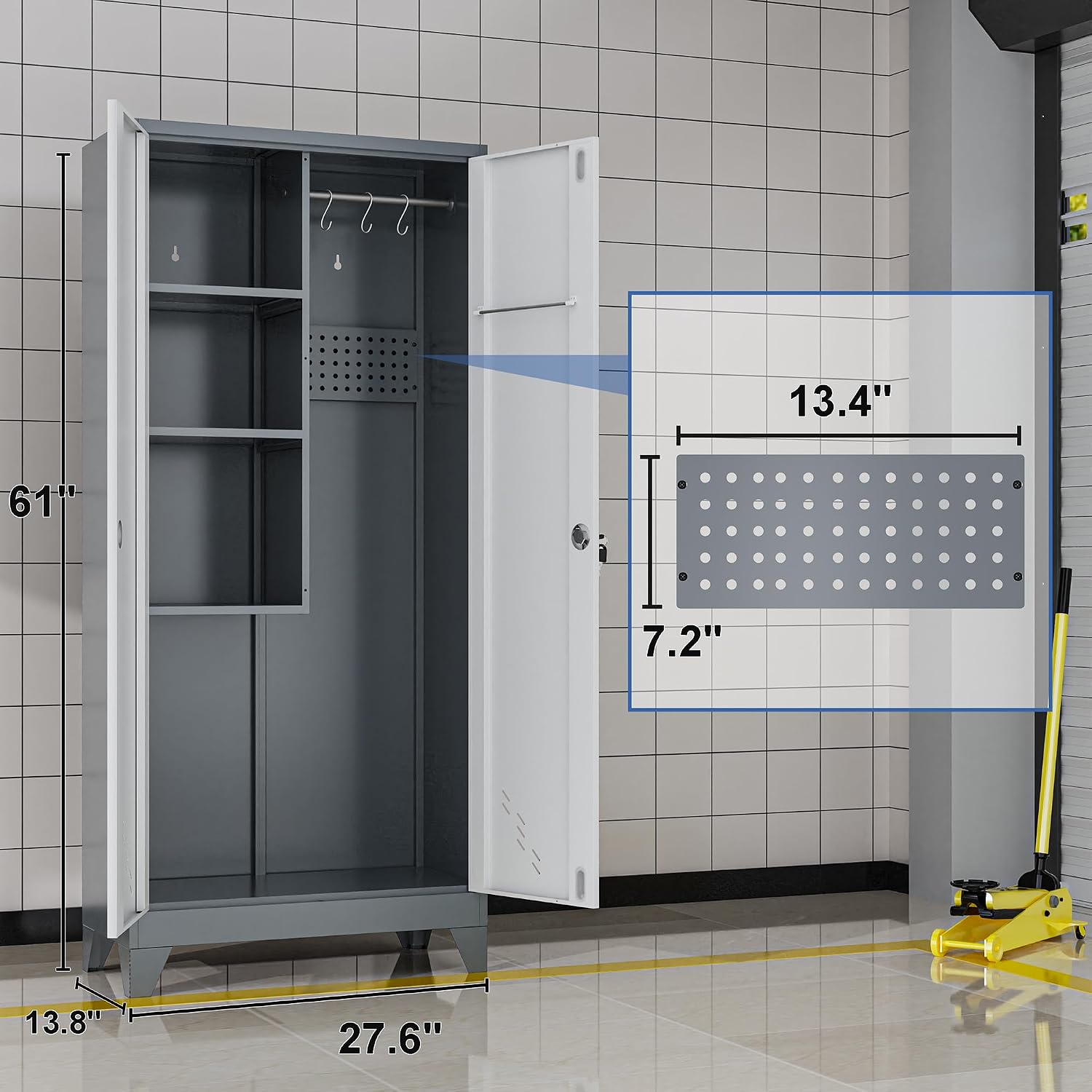 61' Metal Storage Cabinet with Lockable Doors, Cleaning Supply Cabinet with Pegboard and Hanging Rod. Garage Tool Storage Cabinets for Home, Laundry, Office, Home Kitchen Utility Cabinet