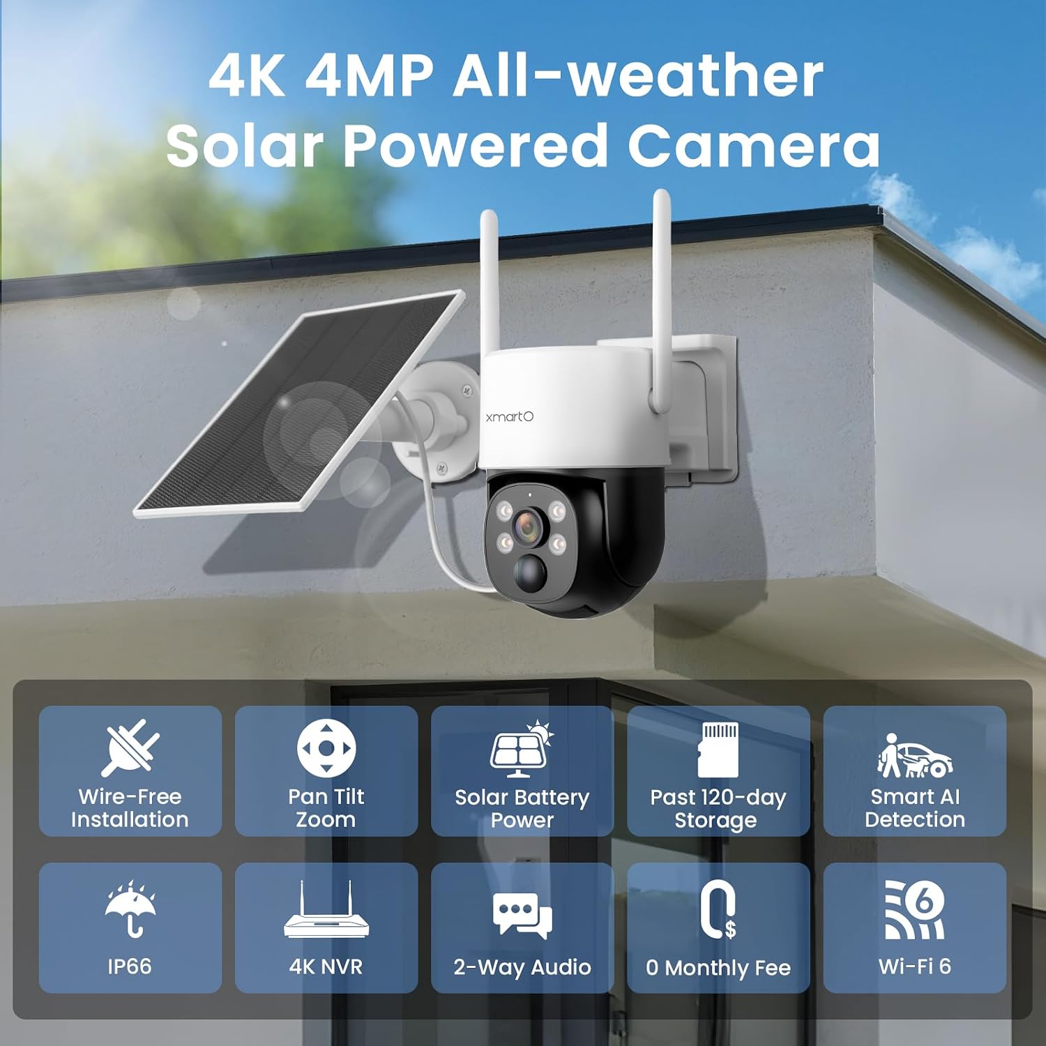 XMARTO Solar Camera Outdoor Wireless, 4 PCs QHD 4MP Wireless PTZ Security Camera System with 4K 10CH Expandable WiFi NVR, All-Weather Solar Charge, Two-Way Audio, PIR Sensor, 360° View, No Monthly Fee