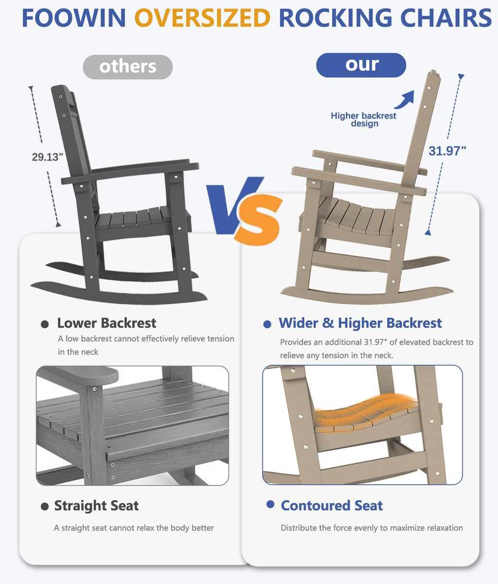 FOOWIN Outdoor Rocking Chair Set of 8, High Back Patio Rocking Chair, HDPE All Weather Resistant Porch Rocker for Adult, Oversized Rocking Chairs for Garden, Lawn, Indoor & Outdoor Use, Brown