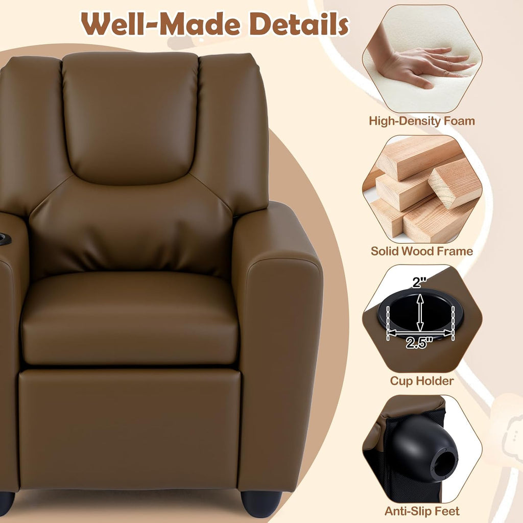 Costzon Kids Recliner Chair with Cup Holder, Toddler Adjustable Lounge Chair w/Footrest for Boys Girls Room, Ergonomic Baby Child Furniture Sofa for Age 3+ Gifts, Kids Mini Recliner up to 150 lbs
