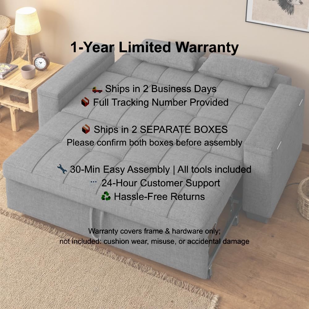 Gizoon 3 in 1 Convertible Sofa Bed, 63.6'' Pull Out Couch with Storage Armrests, Sofa Cama, Adjustable Backrest & Pockets, Linen Loveseat Sleeper for Small Apartment Living Room, Dark Grey