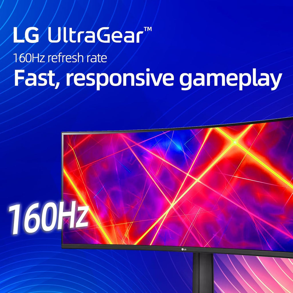 LG 34' Curved Ultragear Gaming Monitor, QHD(3440x1440), 160Hz, AMD FreeSync, HDR10, sRGB 99%, Built-in Speakers, Multitasking and Content Creation, DisplayPort & HDMI, Tilt/Height Adjustable Stand