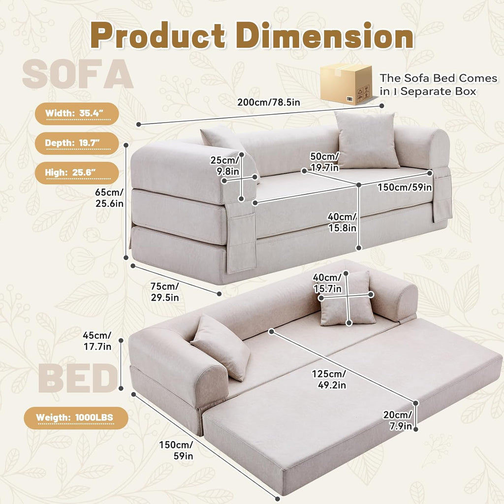 Convertible Sleeper Sofa Bed,78.5 Inch Faux Leather Futon Couch with Pillows & Storage Pocket,5-in-1 Folding Sofa Bed Queen with Pull Out Beds,Boneless Couches for Living Room,Couch in a Box,Beige