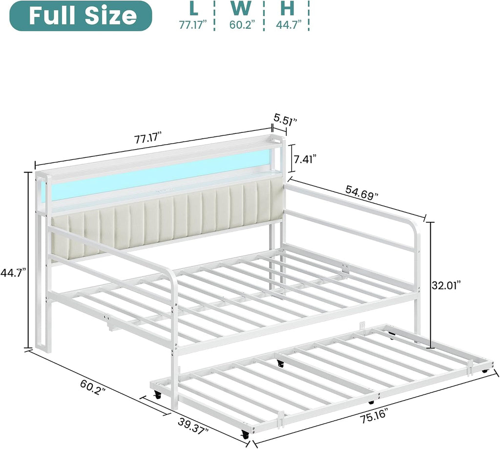 ANCTOR Daybed with Trundle, LED Lights and Charging Station, Full Size Daybed with 2-Tier Storage Shelves and Upholstered Headboard, Metal Sofa Bed Frame for Living Room, Bedroom, White