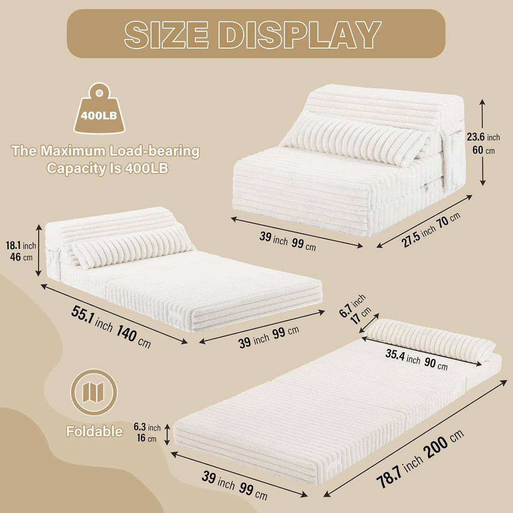 Tiita Folding Sofa Bed Twin Size, Convertible Sleeper Chair Mattress with Pillow, Thick Corduroy Floor Mattress Couch Bed with Side Pocket, Guest Room, Dorm, Apartment, Beige