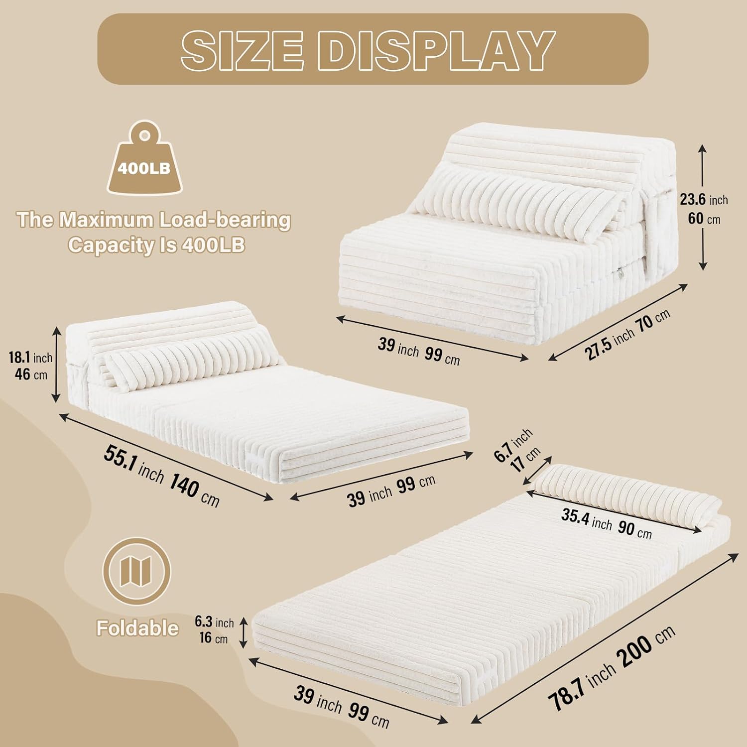 Tiita Folding Sofa Bed Twin Size, Convertible Sleeper Chair Mattress with Pillow, Thick Corduroy Floor Mattress Couch Bed with Side Pocket, Guest Room, Dorm, Apartment, Beige