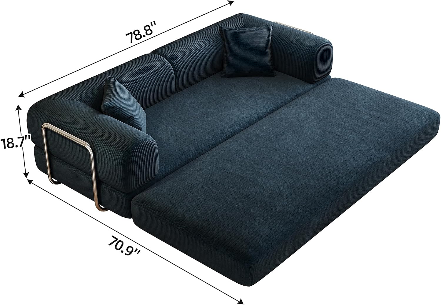 79' Convertible Sofa Bed, Corduroy Folding Pull Out Couch with Pillows, No Assembly Modern Boneless Couch Compression Sofa in Box, Floor Sofa with Support Rods for Living Room,Blue