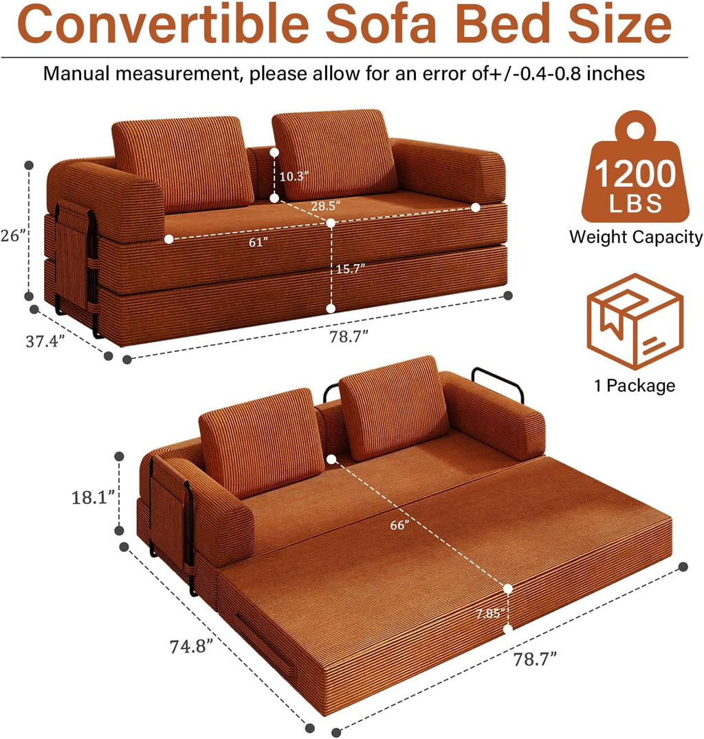 78'' Sleeper Couch Bed for Living Room, Convertible Modular Sofa with Fixed Frame and Side Pocket, Corduroy Futon Boneless Couches in a Box, No Assembly, Orange