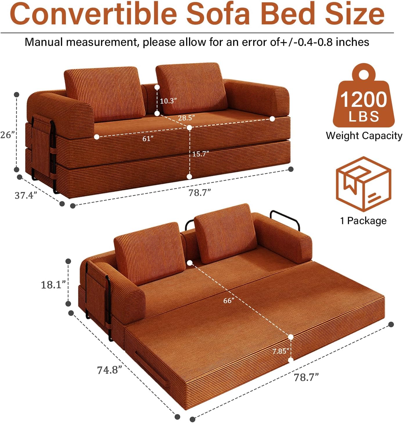 78'' Sleeper Couch Bed for Living Room, Convertible Modular Sofa with Fixed Frame and Side Pocket, Corduroy Futon Boneless Couches in a Box, No Assembly, Orange