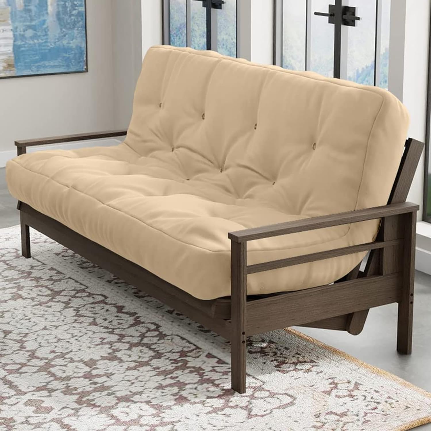 Loosh Home | 6' Queen Size Futon Sofa Bed Memory Foam Mattress - USA Made, Beige, Frame Not Included
