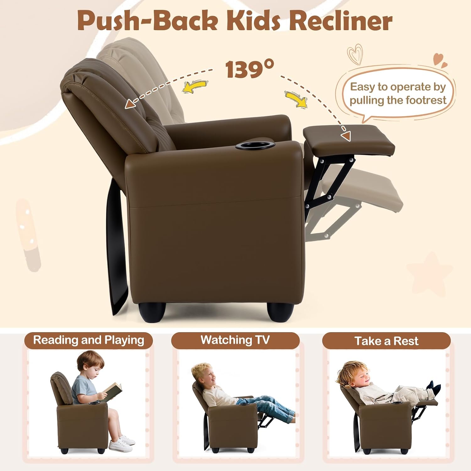 Costzon Kids Recliner Chair with Cup Holder, Toddler Adjustable Lounge Chair w/Footrest for Boys Girls Room, Ergonomic Baby Child Furniture Sofa for Age 3+ Gifts, Kids Mini Recliner up to 150 lbs