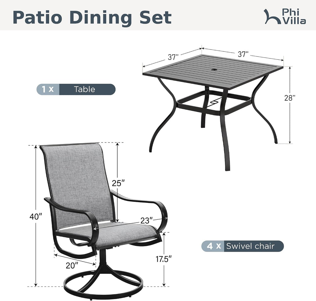 PHI VILLA 5 PCS Patio Dining Set with Outdoor Swivel Dining Chairs (Gray) and 37'x 37' Metal Steel Dining Table, All Weather Patio Dining Furniture Set for Poolside Deck Lawn Garden