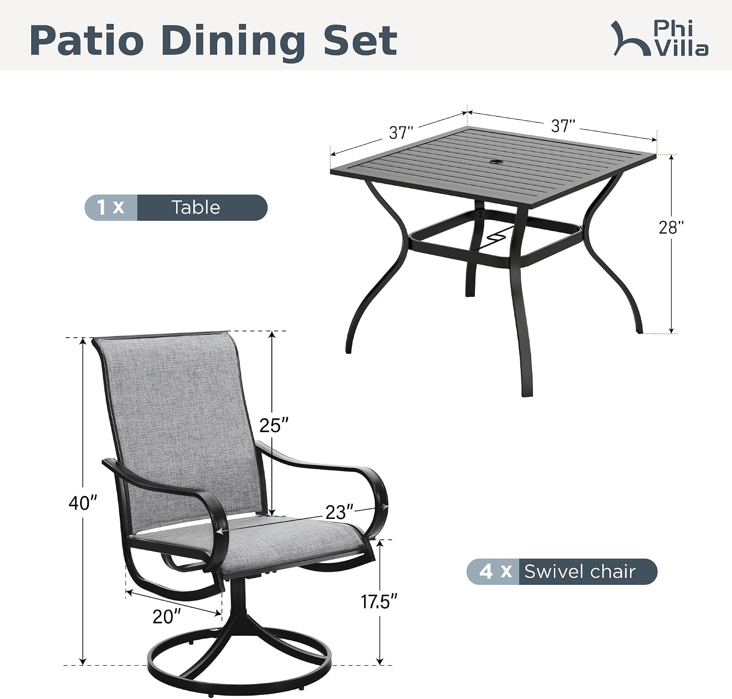 PHI VILLA 5 PCS Patio Dining Set with Outdoor Swivel Dining Chairs (Gray) and 37'x 37' Metal Steel Dining Table, All Weather Patio Dining Furniture Set for Poolside Deck Lawn Garden