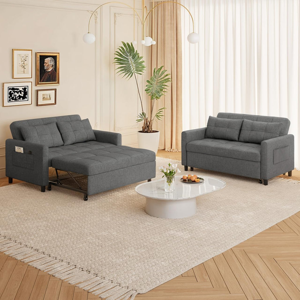 Gizoon 3-in-1 Convertible Loveseat Sleeper Couch Bed, 71.7' Extended Pull Out Sofa Bed, Linen Fabric Small Futon Sofa Bed with 2 Pillows for Apartment, Living Room, Bedroom, Dark Grey