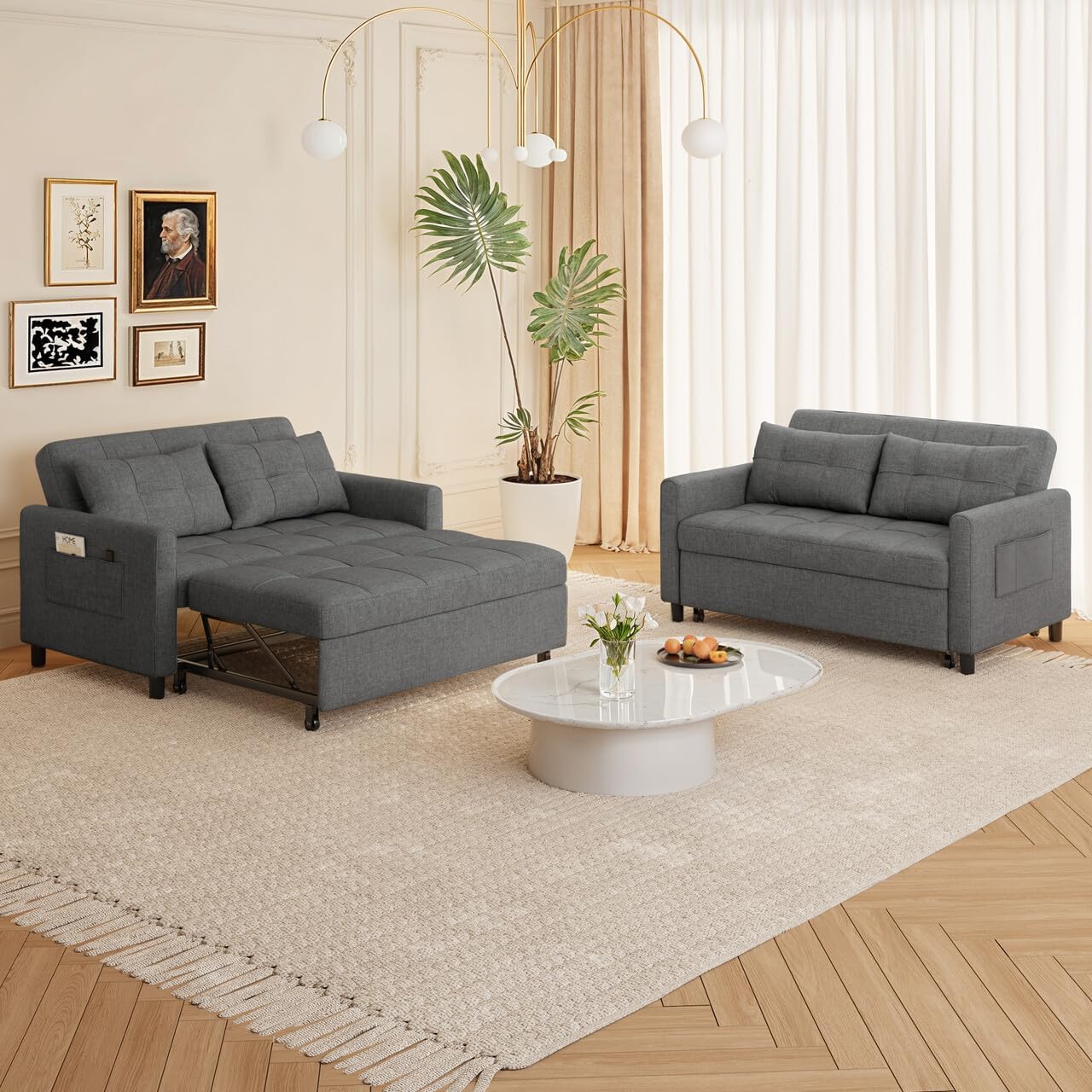 Gizoon 3-in-1 Convertible Loveseat Sleeper Couch Bed, 71.7' Extended Pull Out Sofa Bed, Linen Fabric Small Futon Sofa Bed with 2 Pillows for Apartment, Living Room, Bedroom, Dark Grey