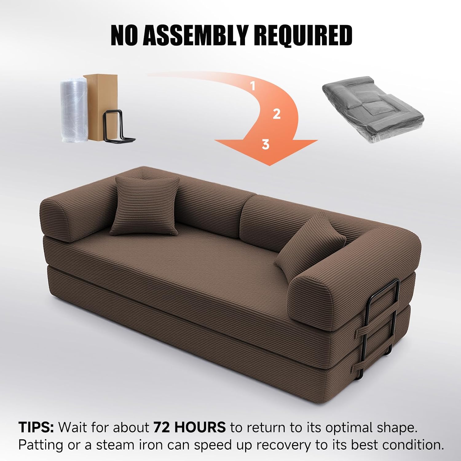 79' Compressed Sofa, Convertible Sofa Bed, Corduroy Compression Boneless Couch with Pillow, Comfy Modular Foldable Floor Sleeper Sofa for Bedroom, Living Room, Lounge, Studio (Brown)
