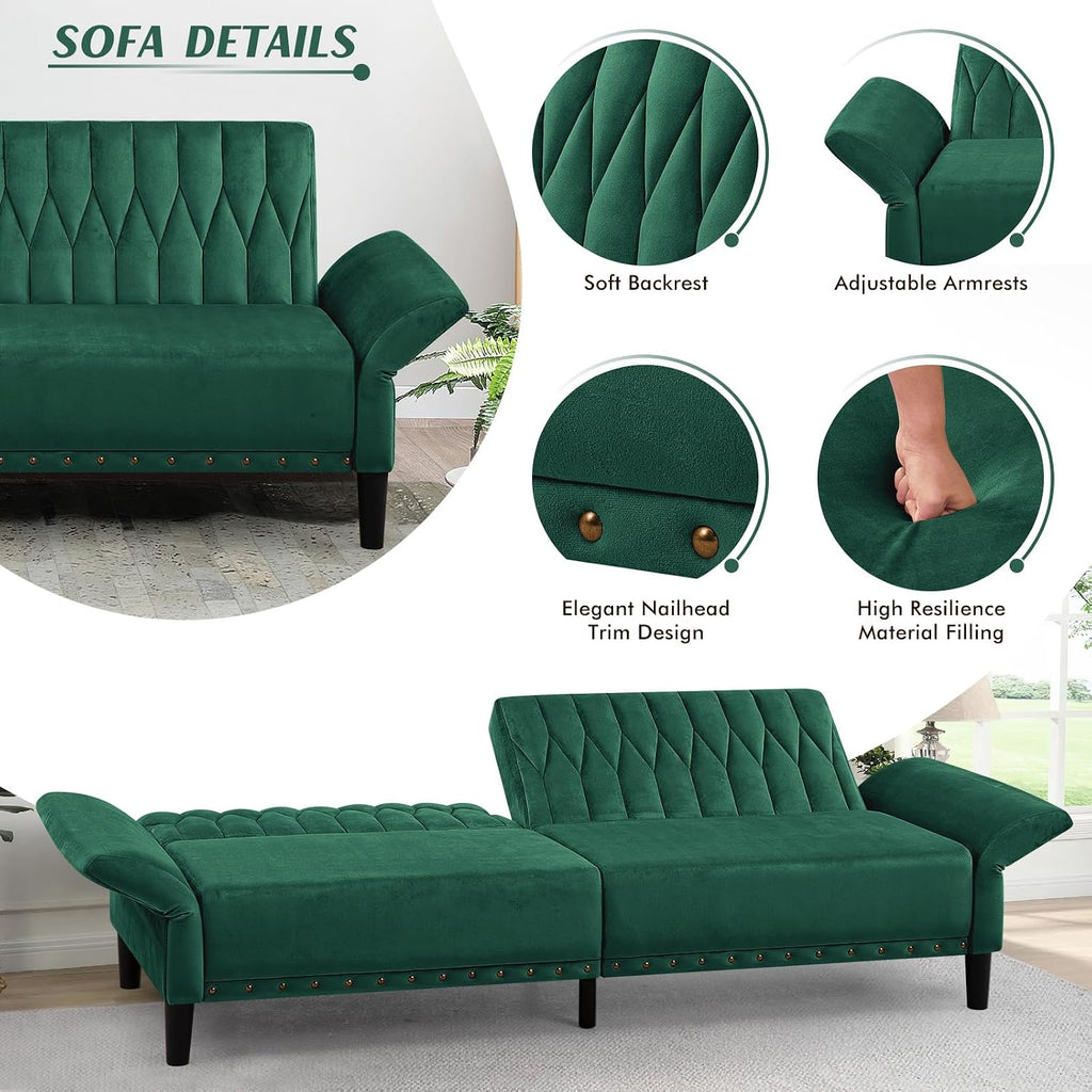 77' Velvet Sleeper Couch with Adjustable Backrests & Armrests, Modern Sofa Bed with Nailhead Trim, Tufted Loveseat Sofa with Deeper Seat for Living Room,Office,Green