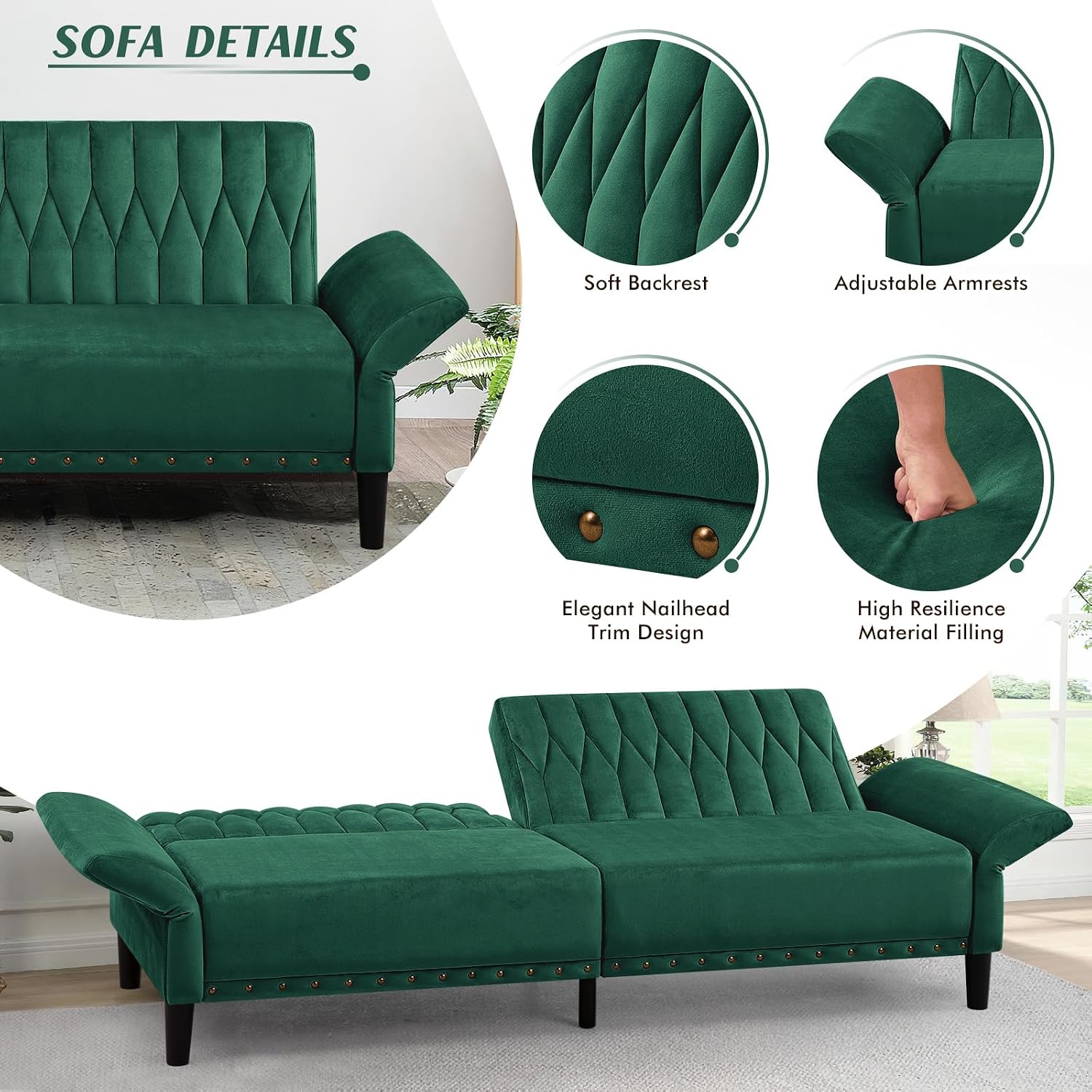 77' Velvet Sleeper Couch with Adjustable Backrests & Armrests, Modern Sofa Bed with Nailhead Trim, Tufted Loveseat Sofa with Deeper Seat for Living Room,Office,Green