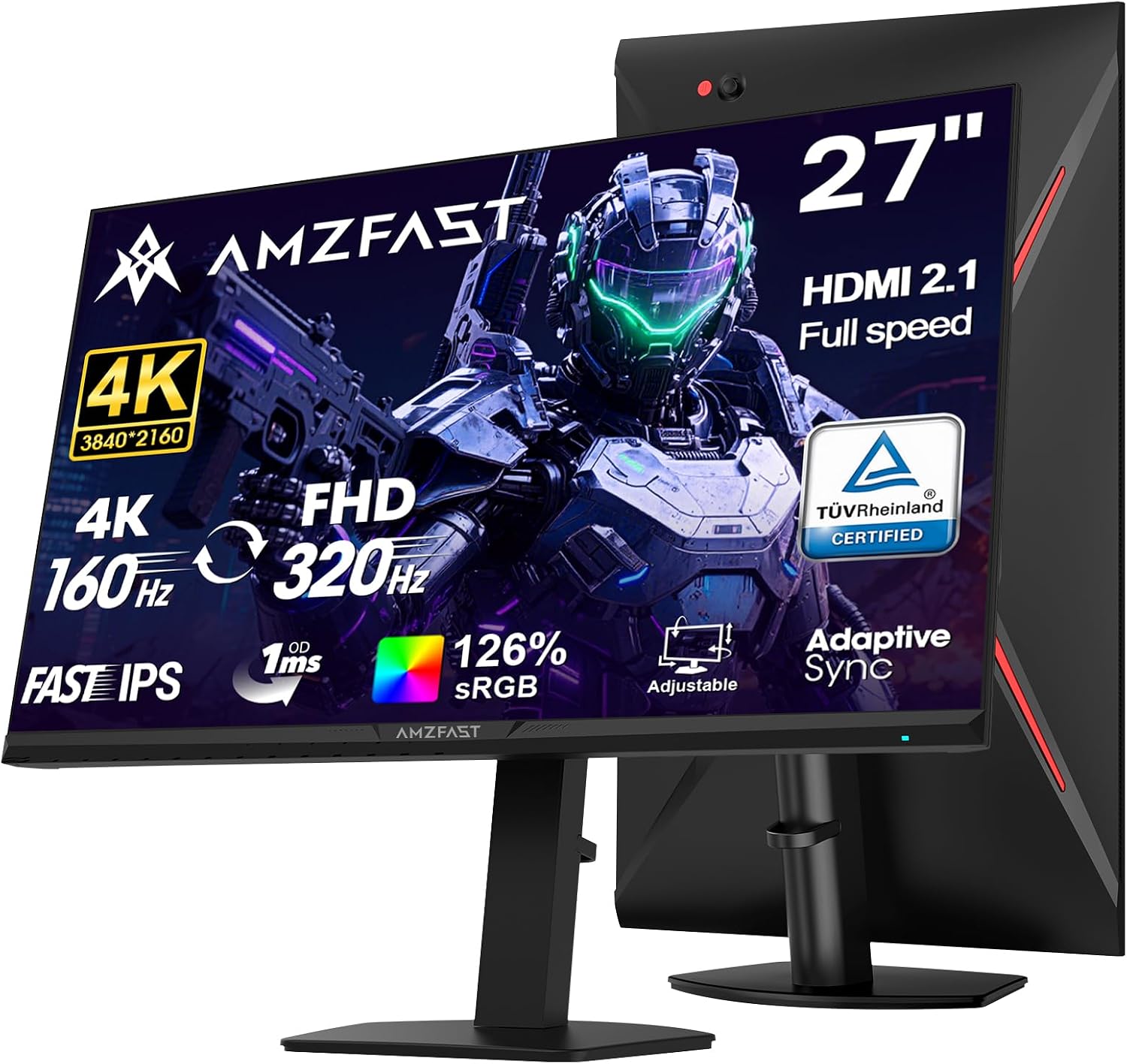 Amzfast 27 Inch 4K Gaming Monitor HDR 400, UHD 160Hz 144Hz | FHD 320Hz 300Hz 1ms Fast IPS Dual Mode, 126% sRGB, PIP/PBP, HDMI 2.1 x 2 & DP 1.4 x 2, Height Adjustment, VESA.