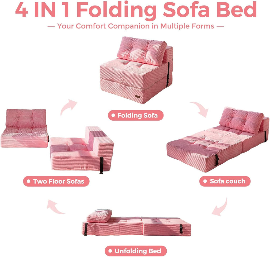 MAXYOYO Folding Sofa Bed, Convertible Sofa Bed with High-Density Support Foam, Portable 4 in 1 Fold Out Chair to Floor Lounger, Versatile Floor Couch for Living Room Bedroom, Pink