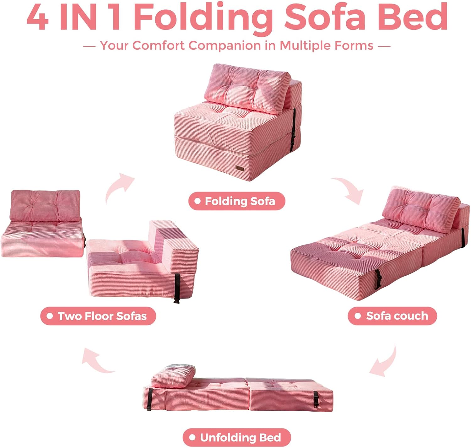 MAXYOYO Folding Sofa Bed, Convertible Sofa Bed with High-Density Support Foam, Portable 4 in 1 Fold Out Chair to Floor Lounger, Versatile Floor Couch for Living Room Bedroom, Pink