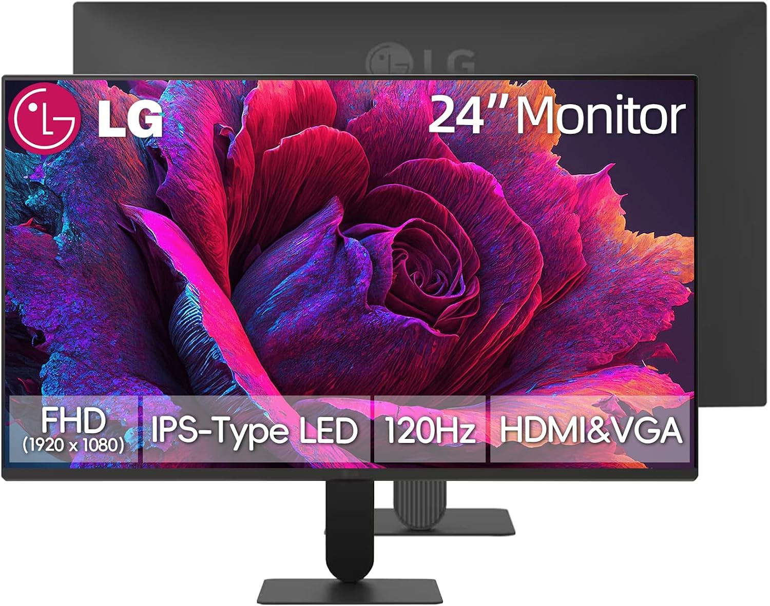 LG 24 inch FHD IPS Monitor, 120Hz Refresh Rate, 1ms MBR, 99% sRGB, HDR10, Flicker Safe, VRR, Slim Bezel, Black Stabilizer, HDMI & VGA, Tilt Adjustable, 178 Degrees Viewing Angle, Black
