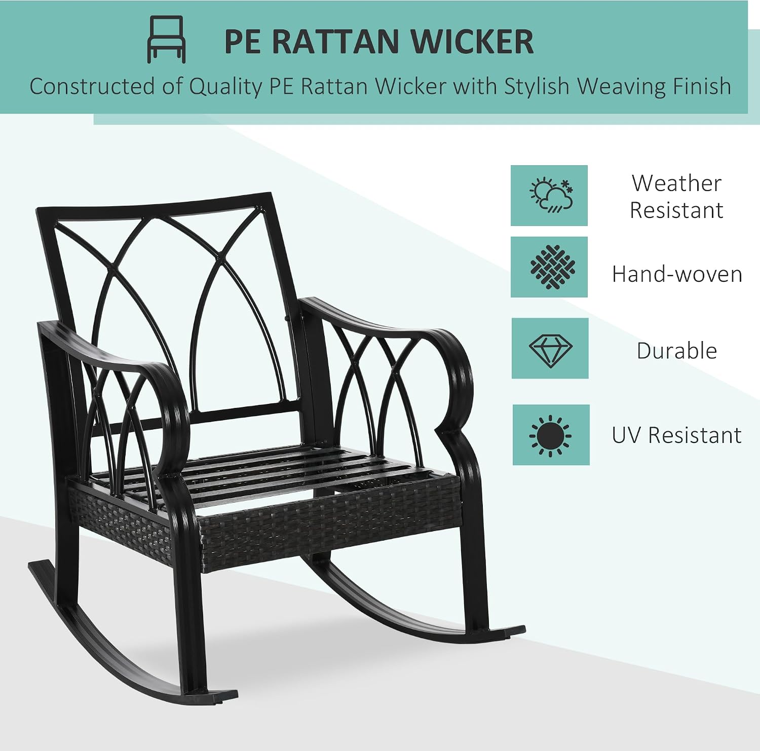 Outsunny Outdoor Wicker Rocking Chair with Padded Cushions, Aluminum Furniture Rattan Porch Rocker Chair w/Armrest for Garden, Patio, and Backyard, Khaki