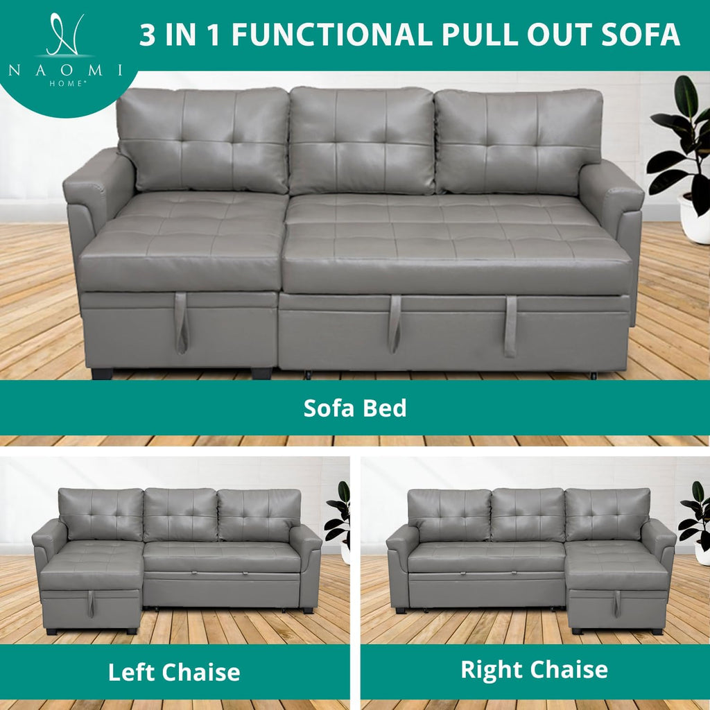 Naomi Home L Shaped Sectional Couch with Storage & Pull Out Bed – 3-in-1 Convertible Sleeper Sofa Bed, Small L Shape Sofa for Living Room, Sofa Bed with Storage Chaise in Gray, Air Leather